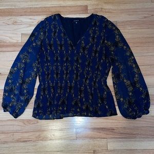 1. State dark blue, mustard, and black floral pleated long sleeve top